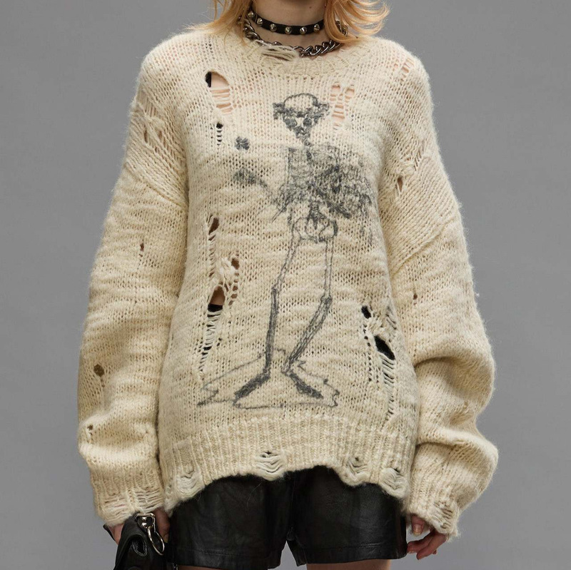 European and American Round Neck Skull Knitted Sweater Loose Lazy Mid-length Woolen Men's and Women's Personalized Thin Knitted Sweater European and American Round Neck Skull Knitted Sweater Loose Lazy Mid-length Woolen Men's and Women's Personalized Thin Knitted Sweater