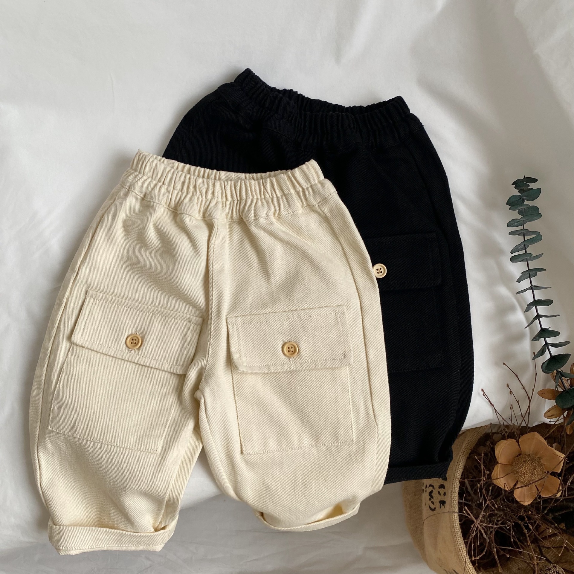 Gl-Kids K-Style of Autum New Kidsren's Large Flap Pocket Pants Washed Cotton Cargo Pants for Men and Women, Loose and Versatile Pants