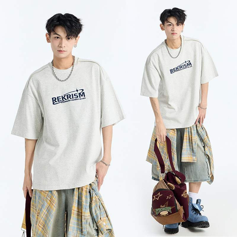 アルファベット刺繍半袖tシャツ男子夏の薄手の丸首五分袖上着の潮牌ゆるい半袖|undefined