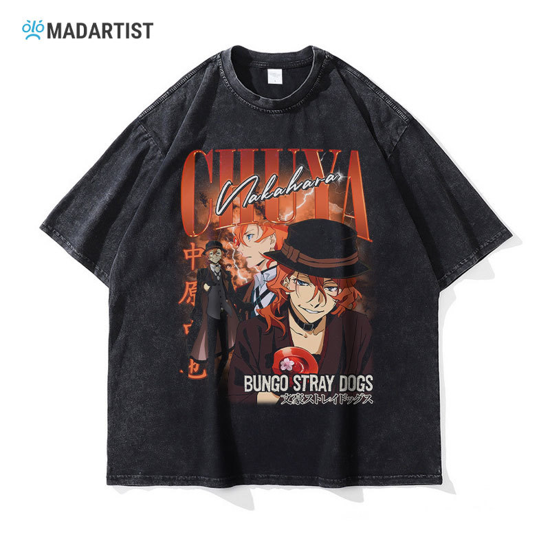 MADARTIST Anime Bungo Stray Dogs Washed Distressed T-Shirt, Anime Dazai Osamu & Nakahara Chuuya Retro Short Sleeve