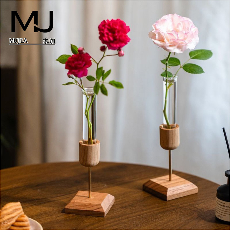 Creative Home Desktop Ornaments Wooden Vase Test Tube Transparent Glass Hydroponic Plant Wood Art Flower Vase Pastoral Style