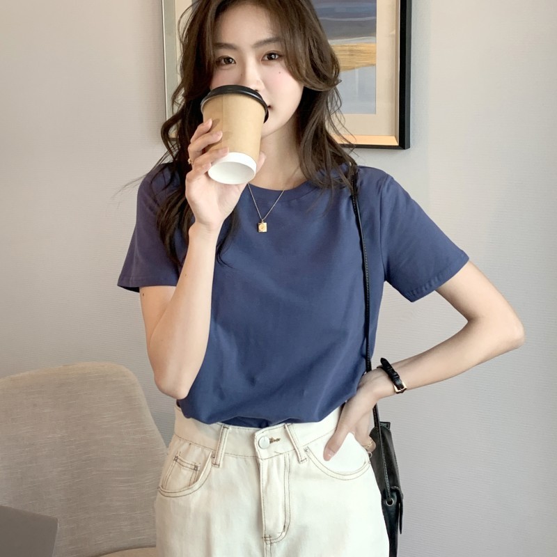 女性用右肩白綿半袖Tシャツ黒夏薄手ゆったり無地ベーシックシンプルスリムトップ|undefined
