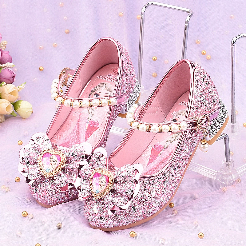 Туфли на высоком каблуке для девочек 2023 Весна и осень новые детские туфли с кристаллами Frozen Elsa для маленьких девочек