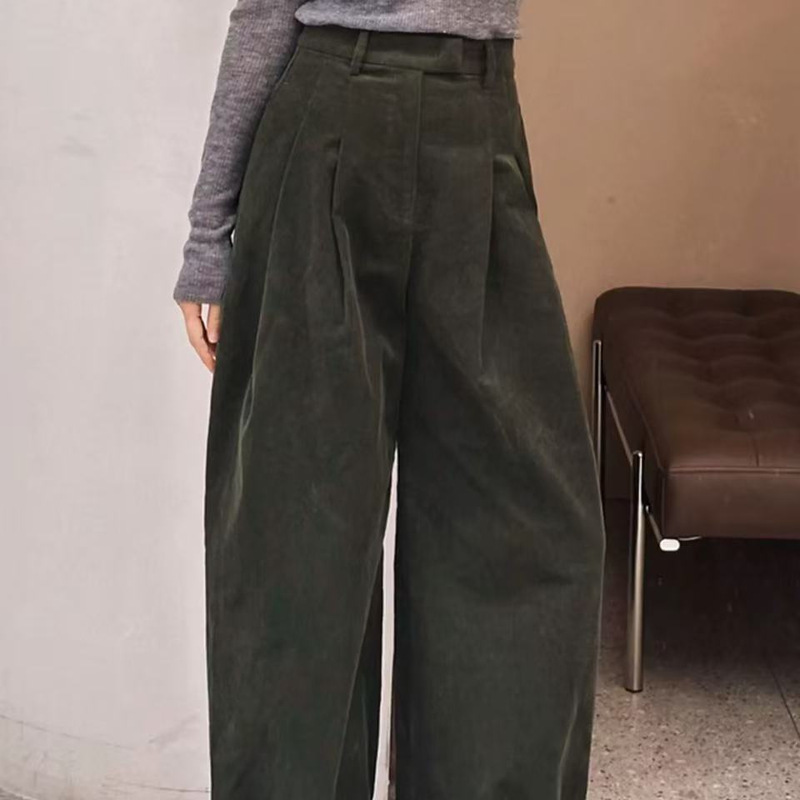 Highly Recommended! Green Straight-Leg Cuffed Casual Pants for Women, Japanese Retro High-Waisted Corduroy Wide-Leg Pants