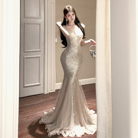 Cross-border Women's Mermaid High-grade Fine Glitter dress Women's Mesh Stitching Long Fishtail Dress Dress Cross-border Women's Mermaid High-grade Fine Glitter dress Women's Mesh Stitching Long Fishtail Dress Dress