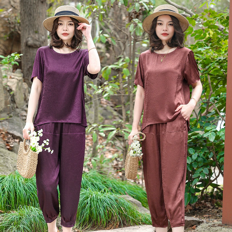 Летний костюм для мамы, модная рубашка с короткими рукавами для женщин среднего возраста 40 и 50 лет, комплект из двух предметов, топы для среднего и пожилого возраста, большой размер