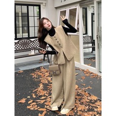 卡其色小香风马甲套装女秋季2025新款韩系气质高级感阔腿裤两件套