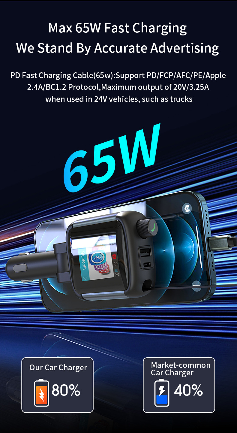 Car-mounted color display screen Bluetooth FM transmitter hands-free calling PD65W fast charging charger MP3 player