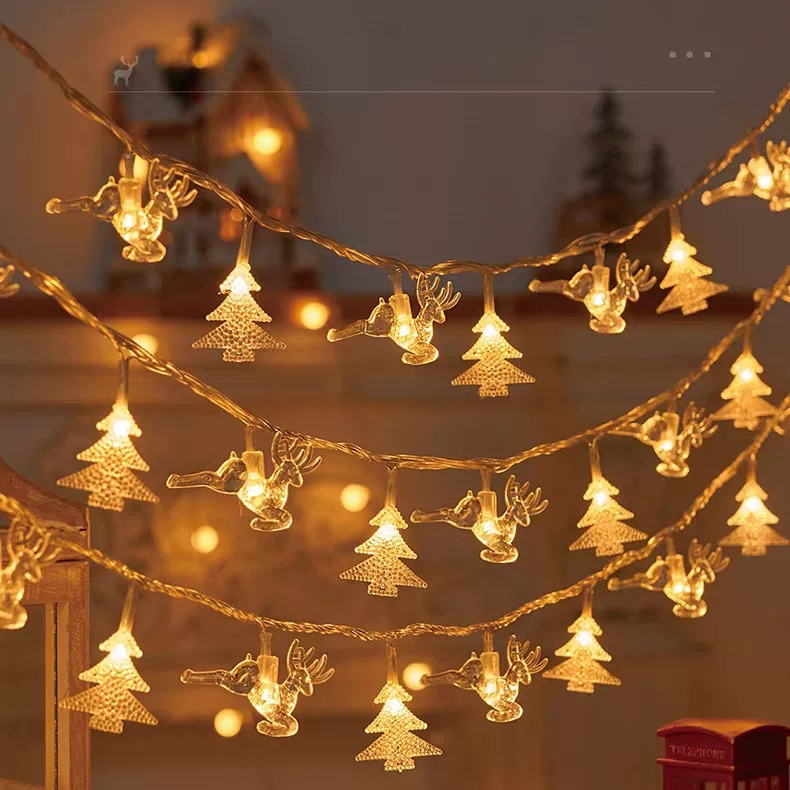 LED новогодняя гирлянда-строка, тёплый белый свет, мотивы олень/елка/снежинка, батарейка или USB, 3/6/10 м