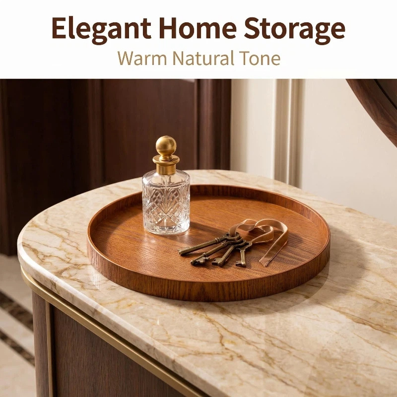 Brown Elm Wood Round Tray, Retro Round Tray, Household Coffee Storage Tray, Hotel and Guesthouse Display Tray, Storage Tray