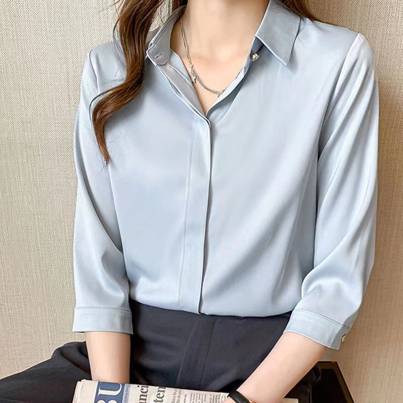杭州のシルクのシャツの女性の長袖の春秋服の新型の绢糸の上着の白い職業は底のシャツの女性を詰めます。|undefined