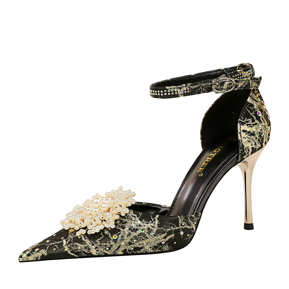 286-7 Wind Banquet High Heels Shallow Mouth Hollow Straight Line with Pointed Rhinestone Pearl Flower Sandals High Heels