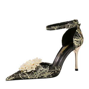 286-7 European and American Style Banquet High Heels, Shallow Mouth, Hollow Slotted, Pointed Rhinestone, Pearl Flower Sa