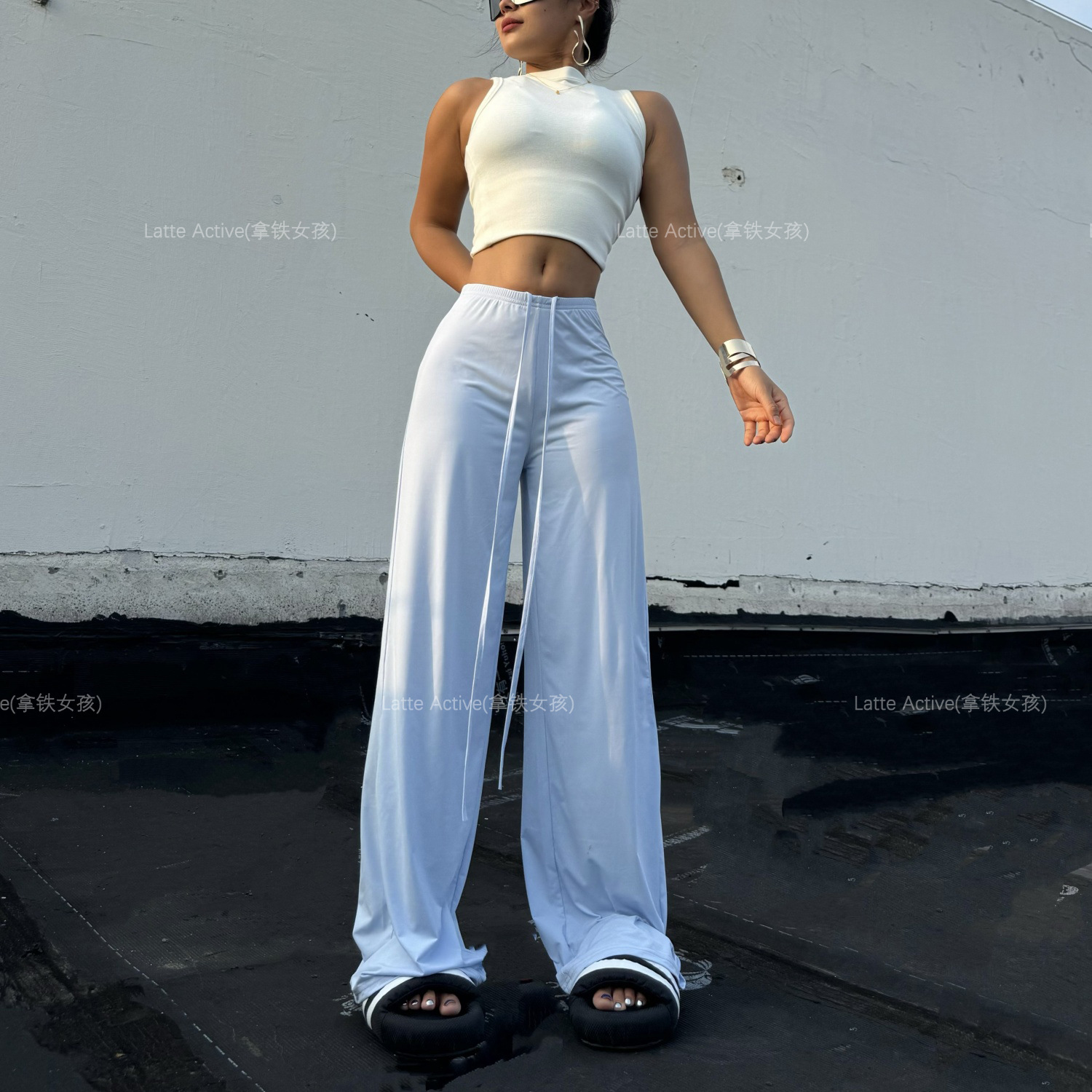 Latte girl se ve delgado, pantalones rectos, pantalones anchos deportivos sueltos para mujer, pantalones colgantes de seda de hielo frescos