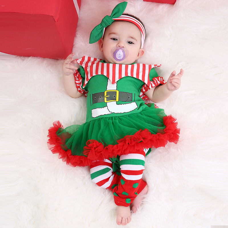 2024 New Girls Spring Clothes Christmas Short-Sleeved Harness Skirt Infant Clothes Harness Clothes Soft and Plaid