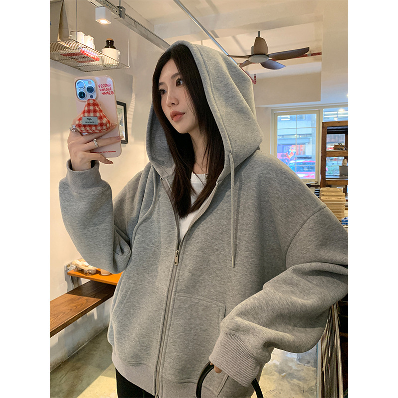 Imitation Cotton Composite Spring and Autumn Thin Versatile Zip-Up Hooded Sweatshirt for Women, Fleece-Lined, Autumn and Winter 2026 New Style, Loose Fit