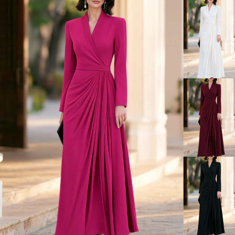 2026 Amazon Best-Selling Women's V-Neck Long Sleeve Waist-Cinching Pleated Long Dress Evening Gown with Large Hem 2026 Amazon Best-Selling Women's V-Neck Long Sleeve Waist-Cinching Pleated Long Dress Evening Gown with Large Hem