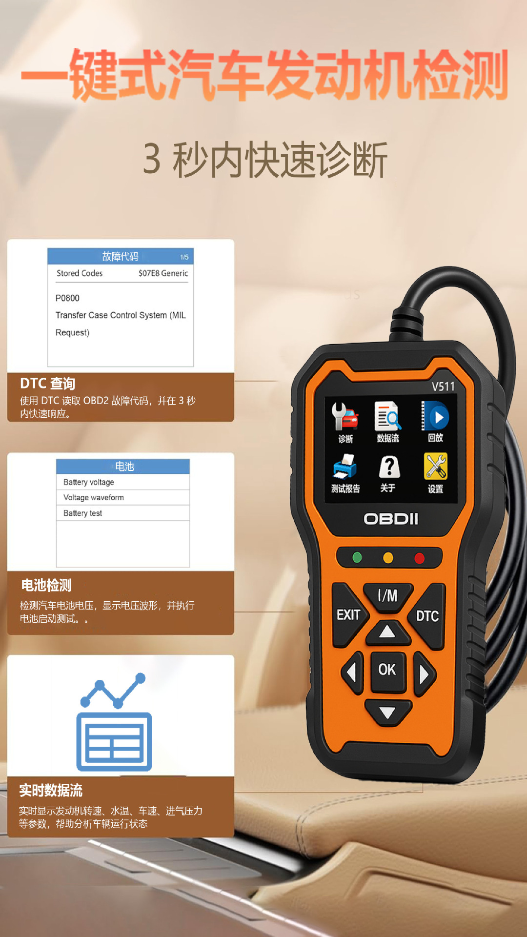 Obd Car Engine Fault Code Detector V511 Car Diagnostic Instrument Fault Code Clearing Voltage Tester