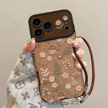 适用苹果17pm手机壳iphone15硅胶16坚果碎花带挂绳18pro复古秋冬