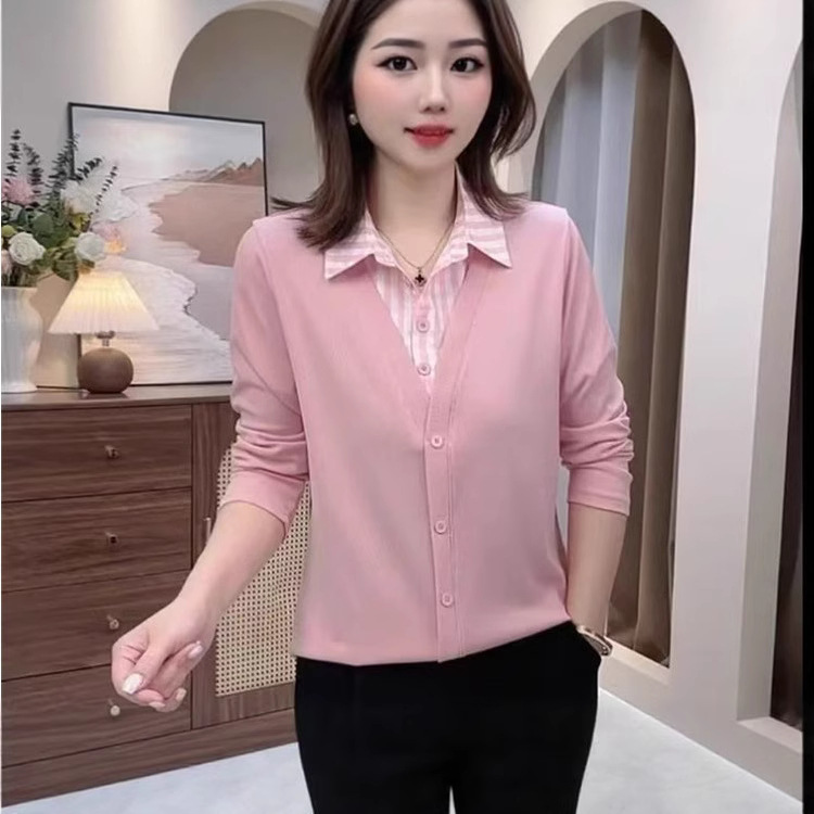 一件代发直播爆款2025春秋衬衫翻领女士拼接长袖T恤女假两件上衣|undefined