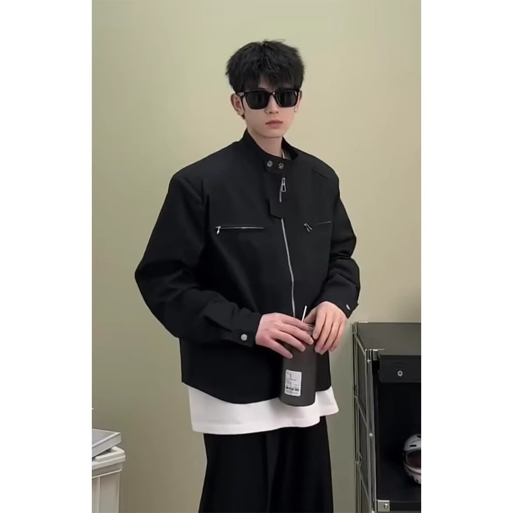 高级感垫肩短款机能外套男春秋款小众美式高街潮牌vibe风机车夹克