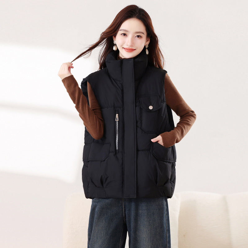 Invierno nuevo color sólido moda casual versátil delgado suelto cuello de pie grueso abrigo de algodón de hombro chaleco