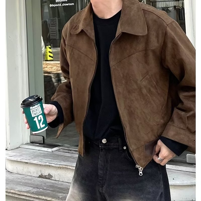 Retro Suede Jacket for Men, American Street Style, Cheap and Cool Hip-Hop Top, Youth Zipper Jacket