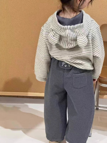 Cute Little Girl Bear Ears Sweat Suit Set Autumn Korean Style Girls' Children Fashion Striped Top Comfort Scythe Pants