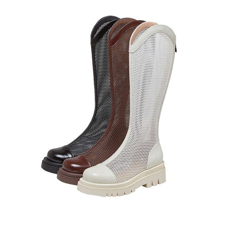 Boot nữ da lưới thoáng khí mùa hè, đế dày rỗng, ống rộng cho chân to — Màu nâu ống lớn, Màu đen cổ ống lớn, Ống nhỏ màu đen, Ống nhỏ màu be