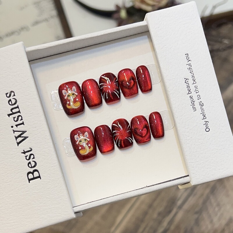 Dai Risen [Scarlet Snake Star Kiss] Short Manicure Handmade Wearable Nails Red Cat's Eye Fireworks Love Snake Year Nails