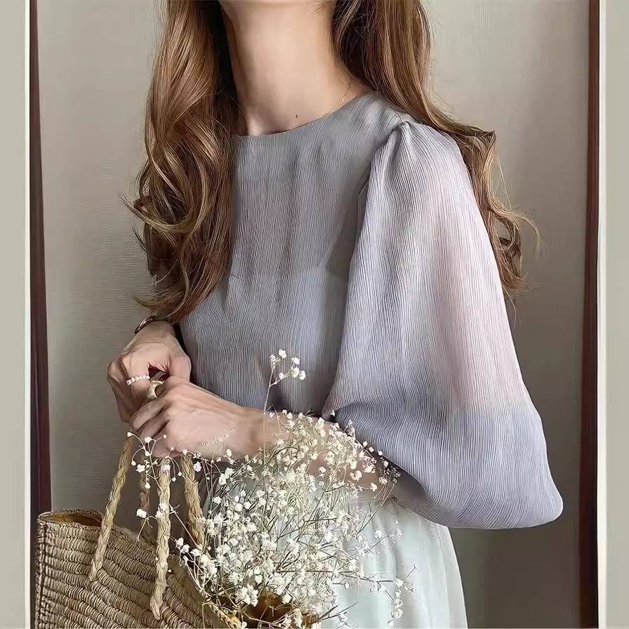 外单日系韩国外贸乐天圆领空调衫雪纺衫沙滩衫上衣打底衫