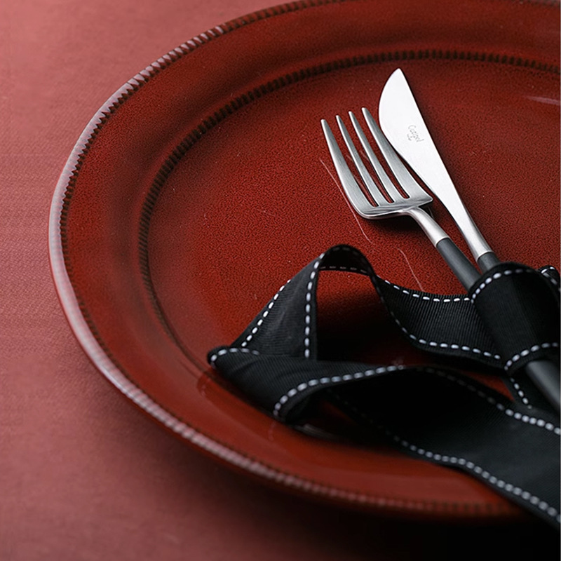 レトロなスタイルの赤い平皿浅いプレートセラミックステーキプレート洋食プレート家庭用大型皿クリエイティブディナープレート送料無料|undefined