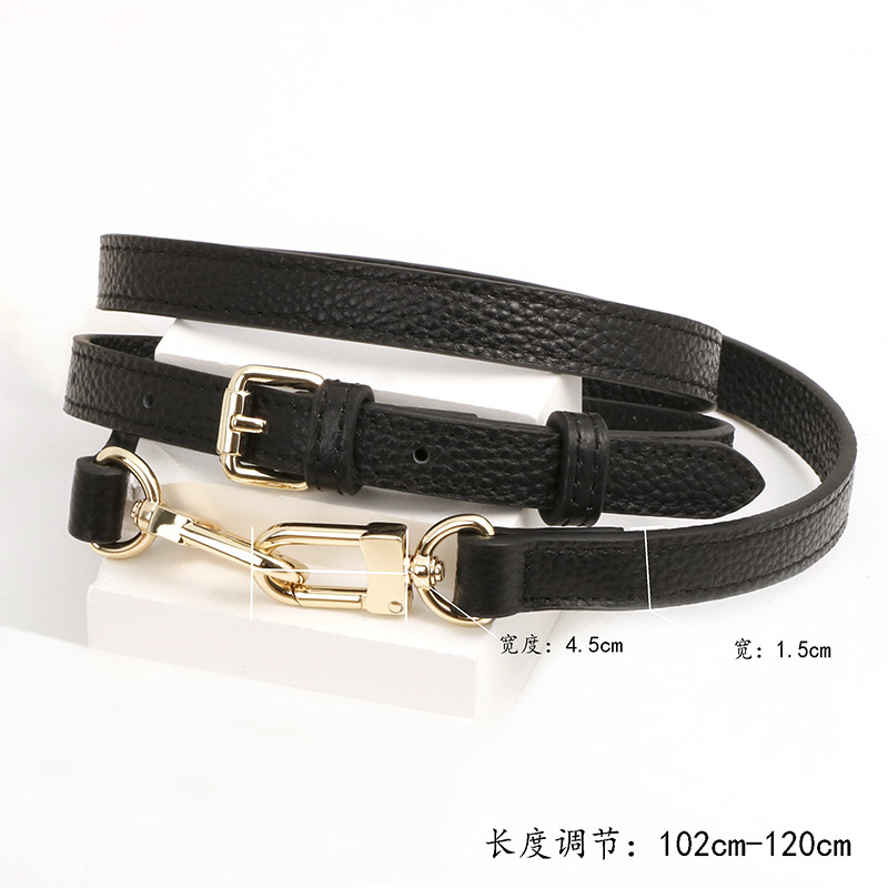 Premium cowhide lychee pattern black 1.5cm shoulder strap gold buckle