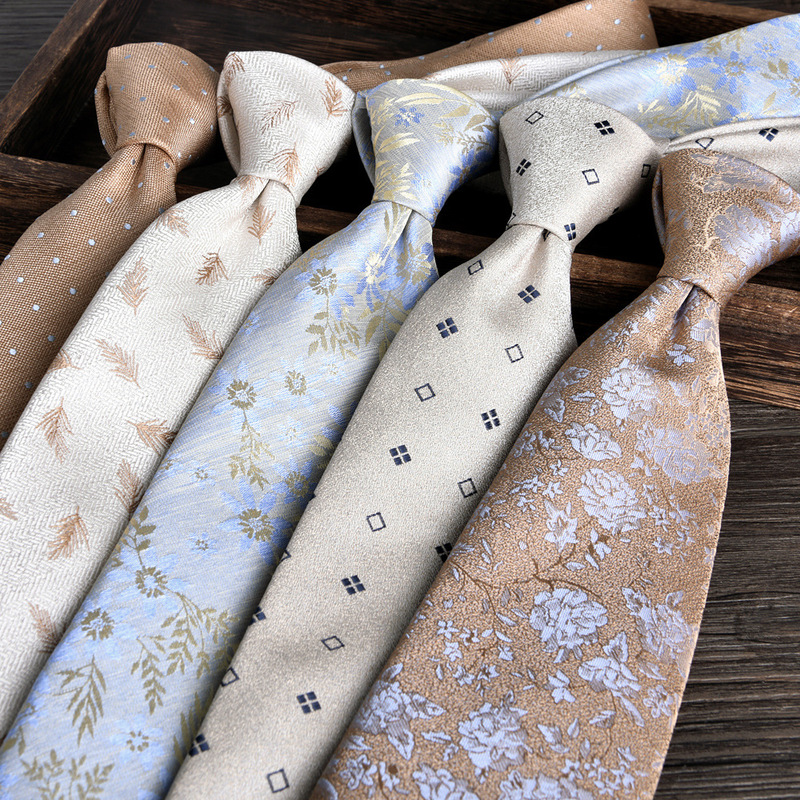 Men's Formal Shirt with Tie, Beige Light-Colored Summer Style, 8cm Hand-Tied Jacquard Striped Professional Business Tie
