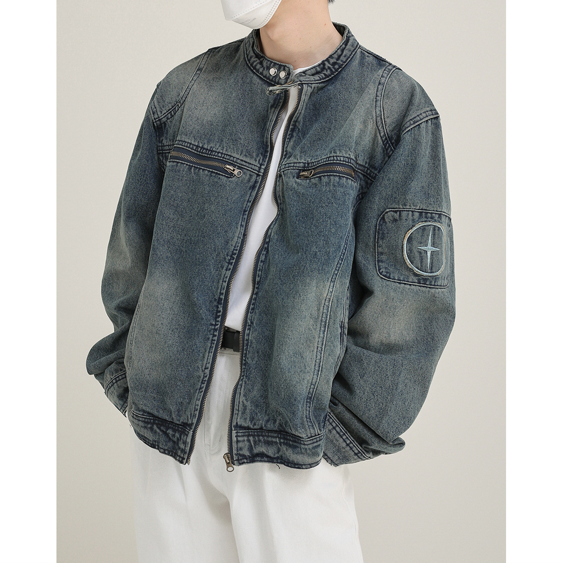 American Trendy Brand Washed Workwear Denim Jacket Men's Summer New Style Loose Stand-Up Collar Denim Jacket Top