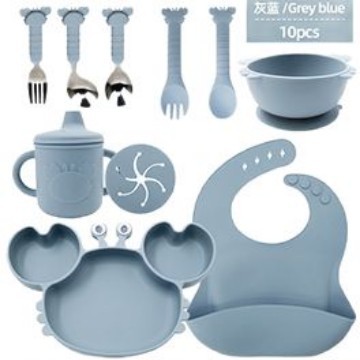 Bebé de grado alimenticio silicona cubierta set cangrejo plato set diez piezas bebés silicona anti-caída resistente al calor ventosa cucharas