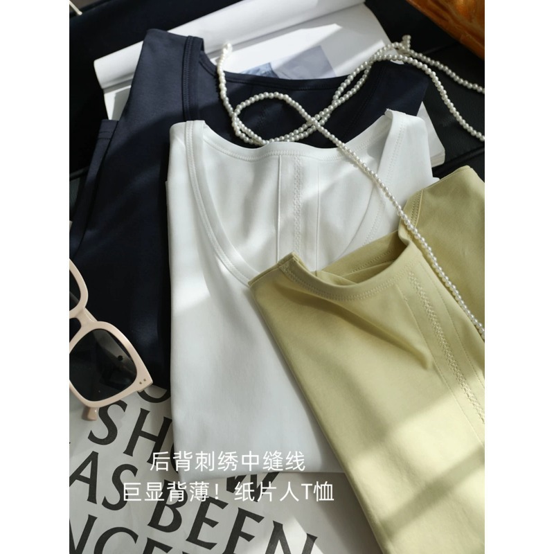 后背刺绣中缝线 显背薄！长绒棉圆领正肩直筒显瘦T恤女夏H052914