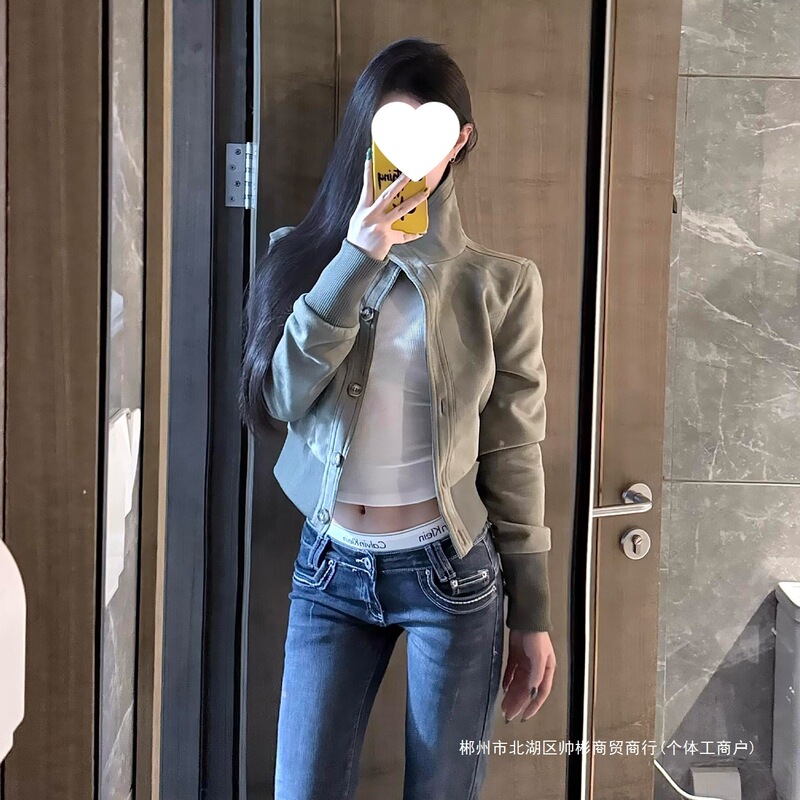 Cross-Border American Retro Green Stand Collar Jacket for Women, New Early Spring and Autumn Thin Short Baseball Jacket Chenille