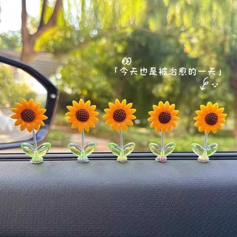 2024 nuevas celebridades de Internet sacudiendo la cabeza, girasol lindo decoración de coche, consola central de coche, joyería de girasol