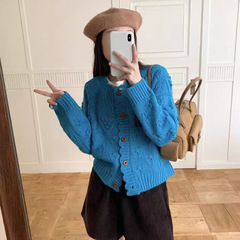 韩国小众毛衣复古花边钩花蓝色针织开衫女秋冬新款小个子毛衣外套