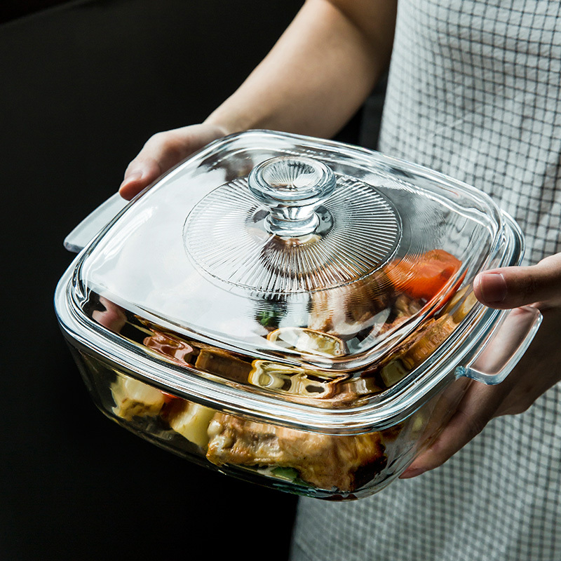 Heat-resistant Tempered Glass Baking Bowl Thickened Microwave Oven Household Binaural Baking Pan with Lid Cheese Baked Rice Baking Pan