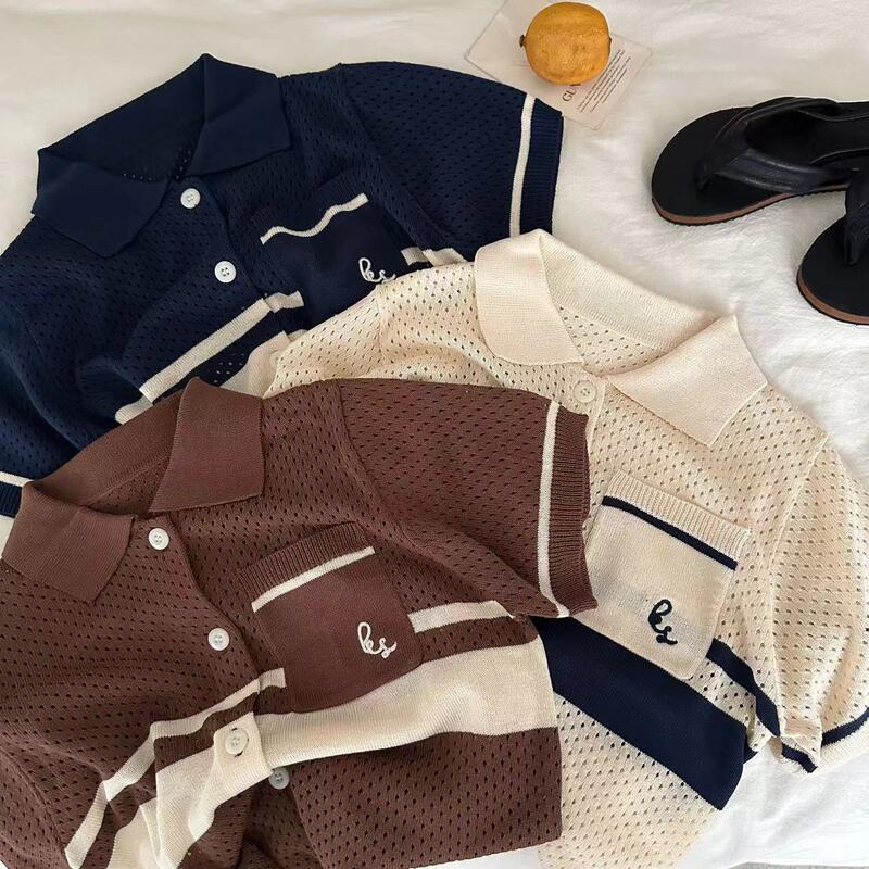 2026 Summer Knitted Hollow-Out Color-Block Ice Silk Sweater for Boys and Girls, Stylish Versatile Mesh Short-Sleeve Polo Collar Top