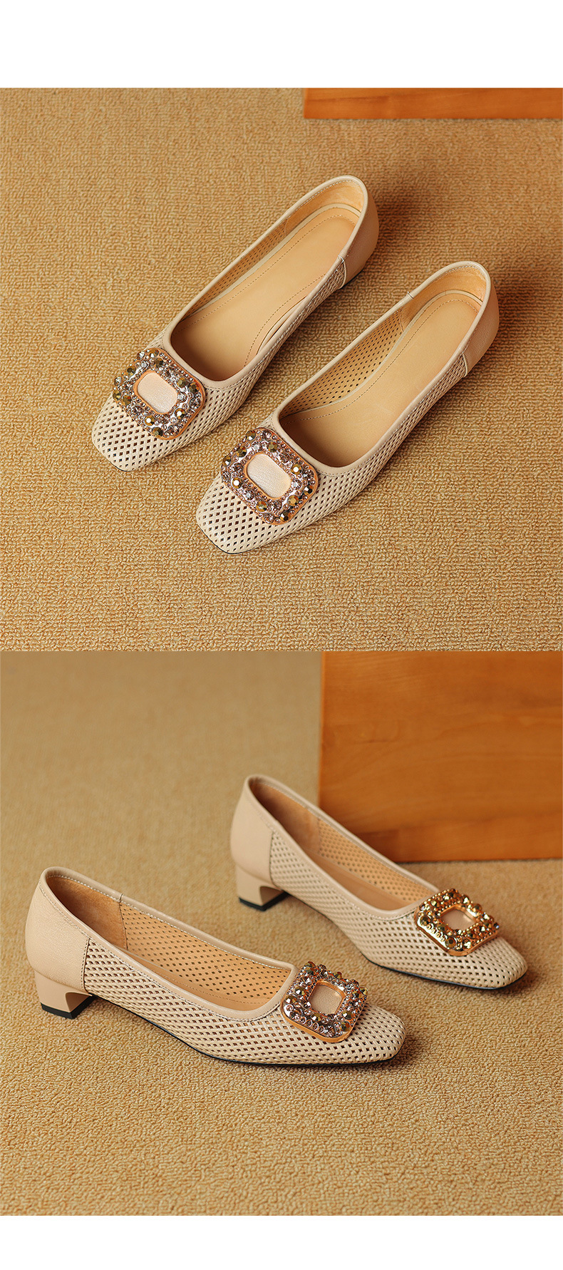 Giày cao gót nữ gót vuông ổn định, mũi nhọn hở mũi, đính đá rhinestone, da cừu mềm, gót 3 cm — Màu nâu chi tiết 12