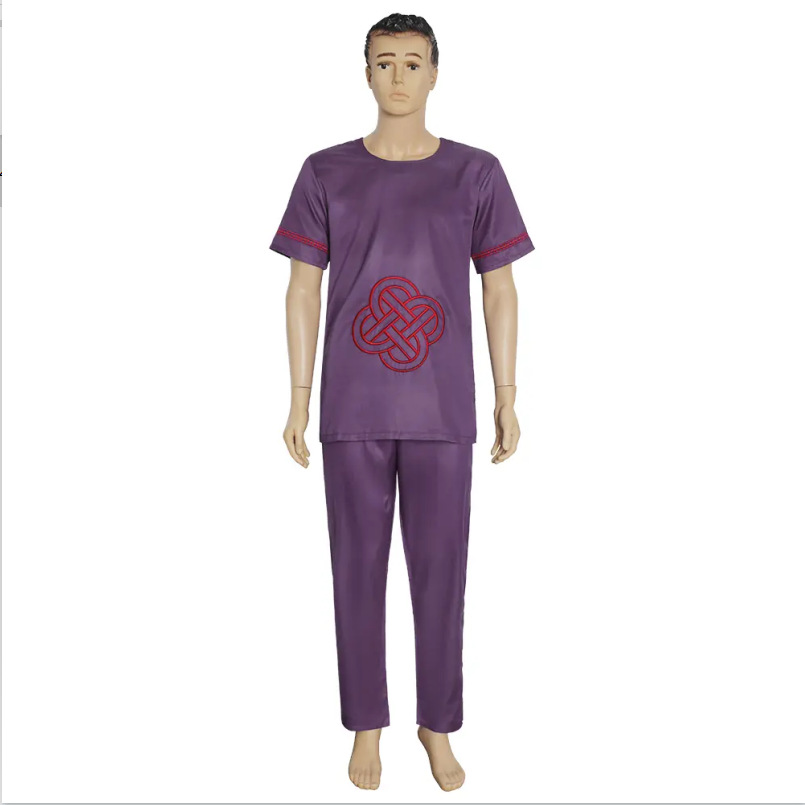 Round neck embroidered fashionable plus size men's short sleeved+long pants two-piece set_voghion.com