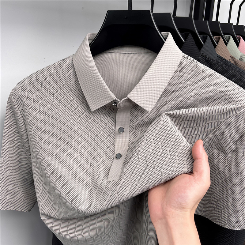 Summer Ice Silk Short-Sleeved Men's T-Shirt, Seamless, Thin, Breathable, Striped, Loose-Fitting, Cooling, Cool-Feeling Polo Shirt, Men's T-Shirt