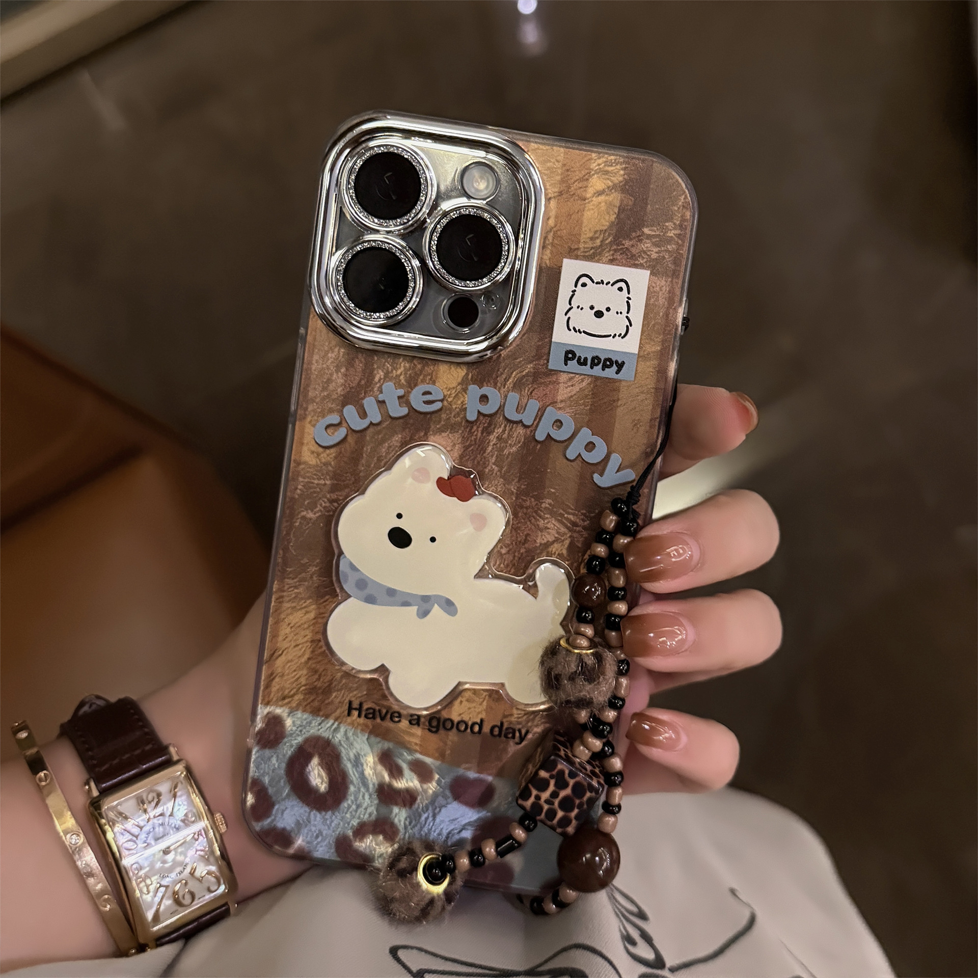 El parche para cachorros de hilo de plumas estilo ins es adecuado para iPhone14 Apple 16ProMax funda para teléfono móvil 15 cadena 13 femenino 15P