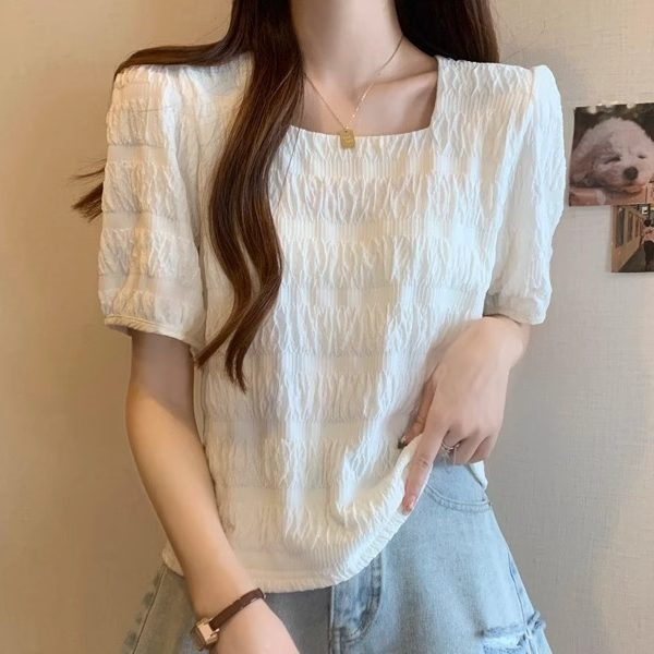 French-Style Small Fragrant Puff-Sleeve Chiffon Shirt for Women, Summer Plus-Size Top That Covers the Belly and Looks Slimming, Square-Neck Short-Sleeve T-Shirt Trendy