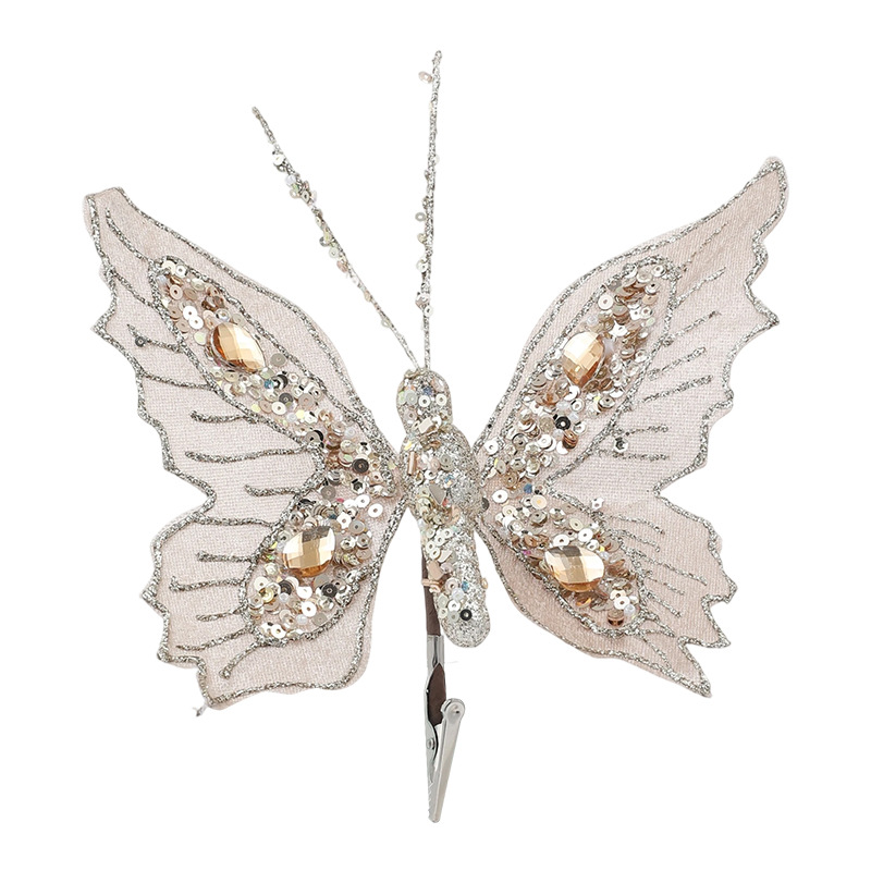 Nuevos productos de simulación de color polvo brillante sequinado clip mariposa árbol de Navidad polvo perla clip decoración colgante