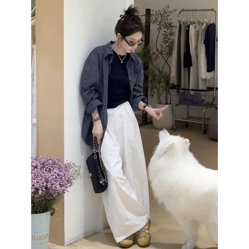 复古蓝色格子衬衫女2025春秋季新款宽松显瘦慵懒风休闲百搭衬衣潮|undefined