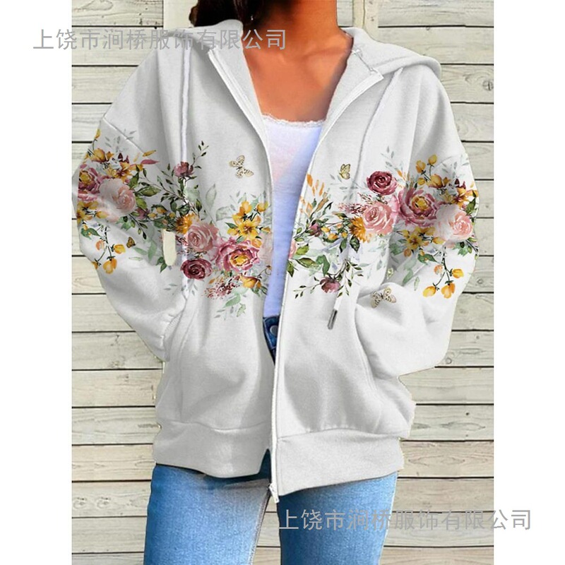 Women's Zipper Hoodie Sweatshirts European and American Zipper Front Pocket Black White Red Floral Casual Hoodie Long Sleeve